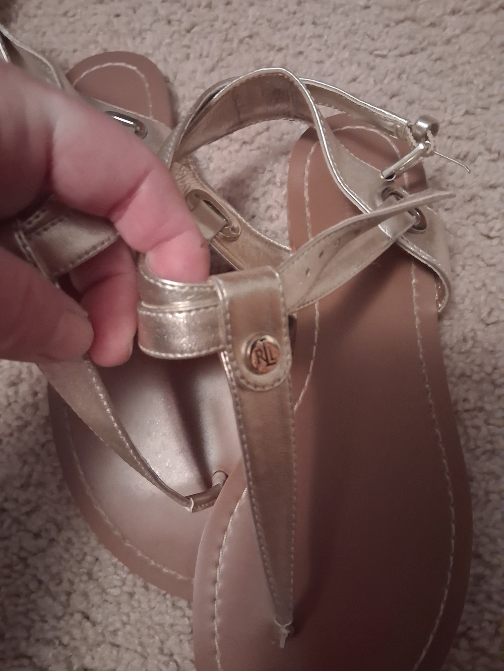 Ralph Lauren Metallic Gold Leather T-Strap Sandals - Picture 3 of 6
